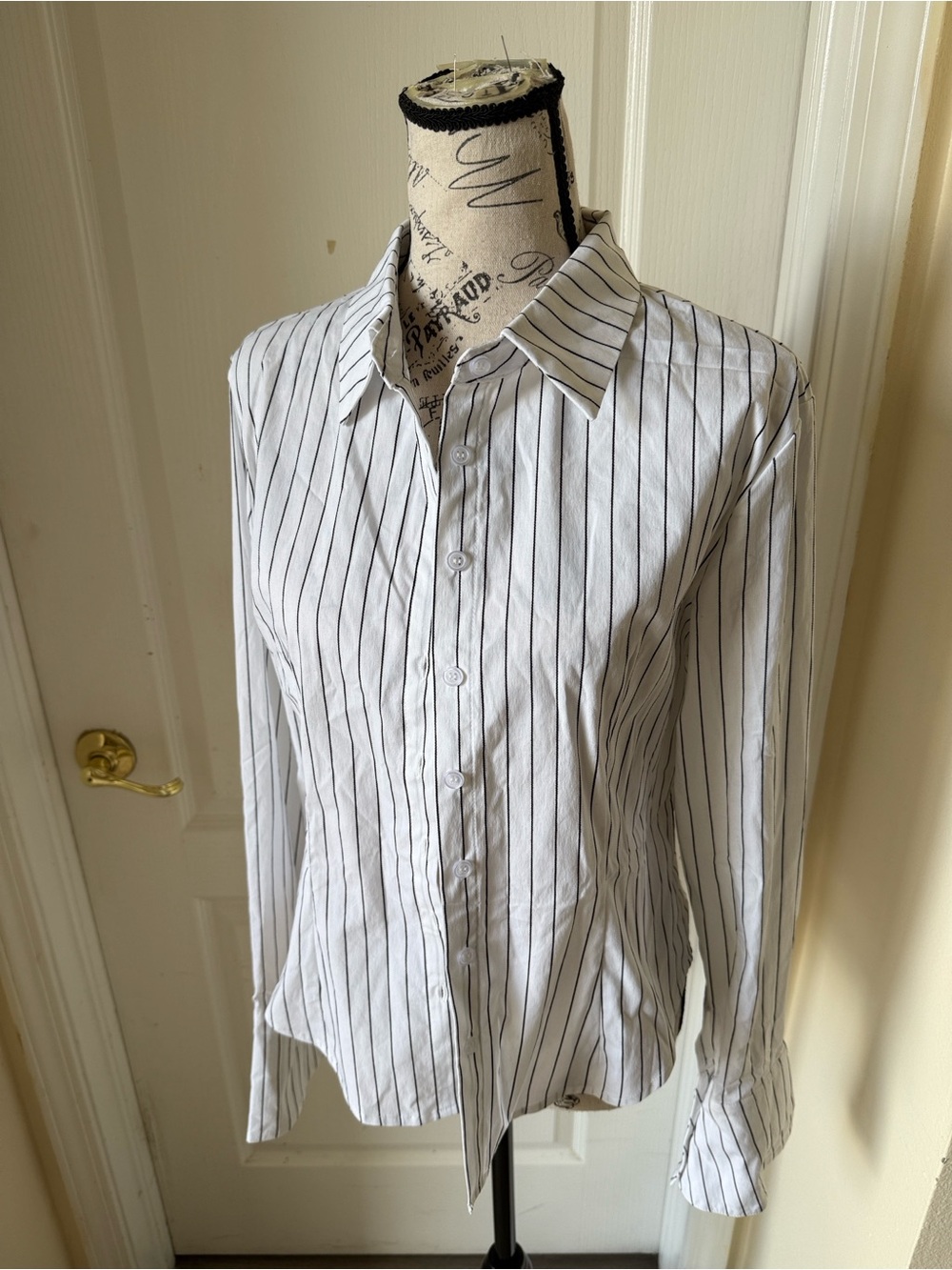 Fashion Nova White Button-Down Shirt with Black Pinstripes
